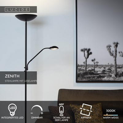 Lucide ZENITH - Stehlampe Mit Leselampe - LED Dim. - 3000K - Schwarz